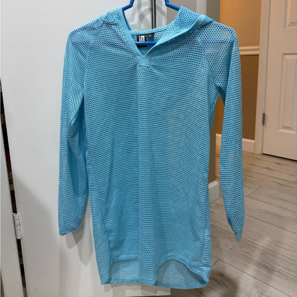 Ideology Light Blue Mesh Swim Coverup with Hoodie